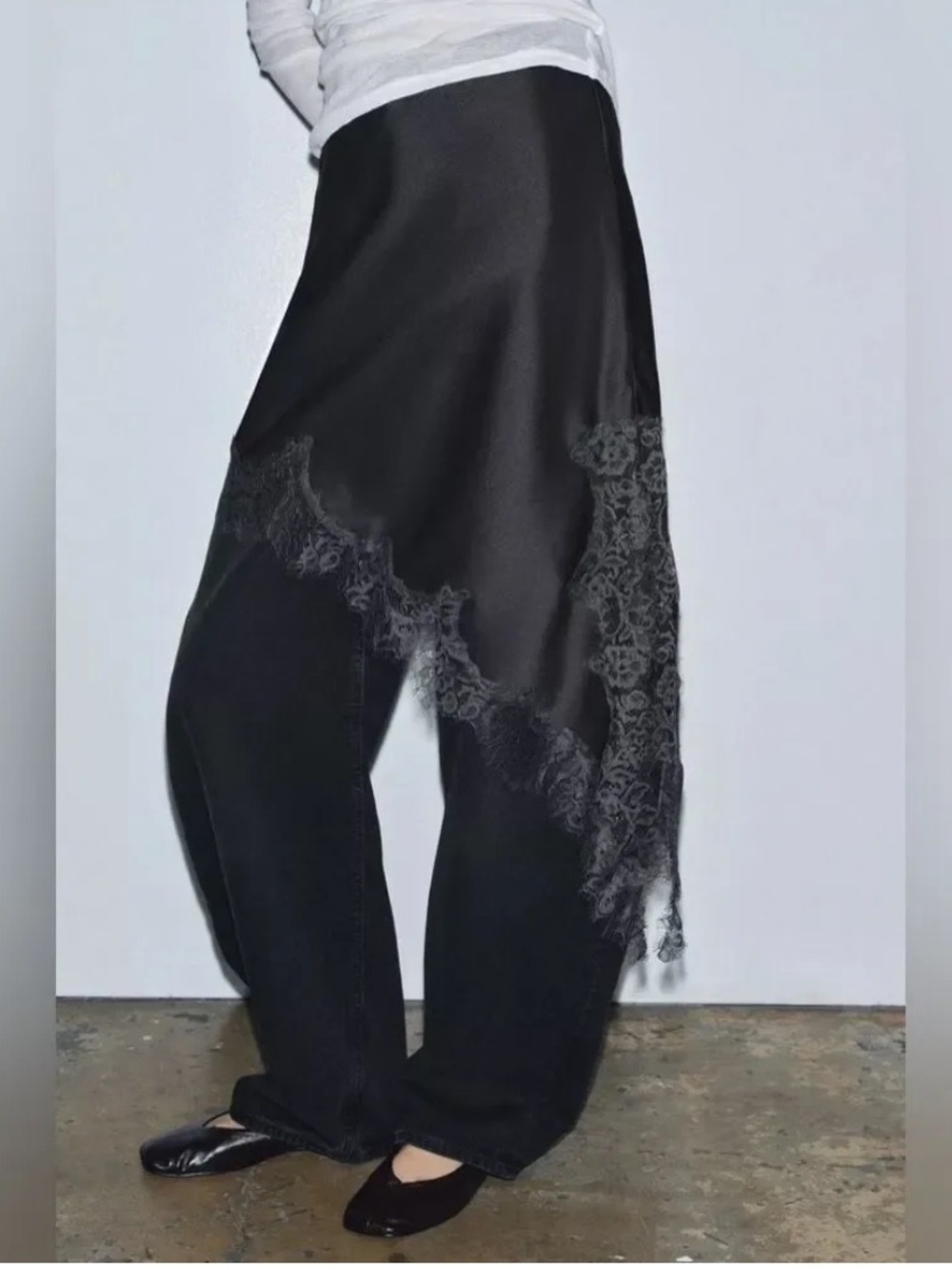 ZARA NWT ZW COLLECTION SATIN EFFECT LACE SKIRT DARK GRAY 5919/211
